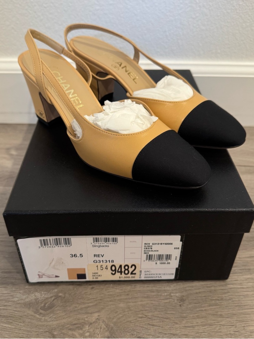 Brand New!! Chanel Beige and Black Slingback Pumps